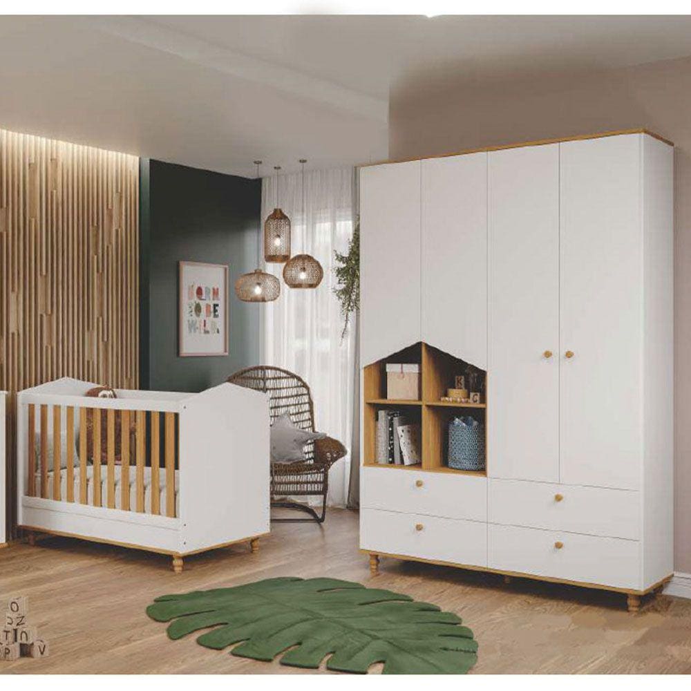 Quarto Infantil Berço sem Colchão + Guarda Roupas Branco/Nature - Permóbili Baby
