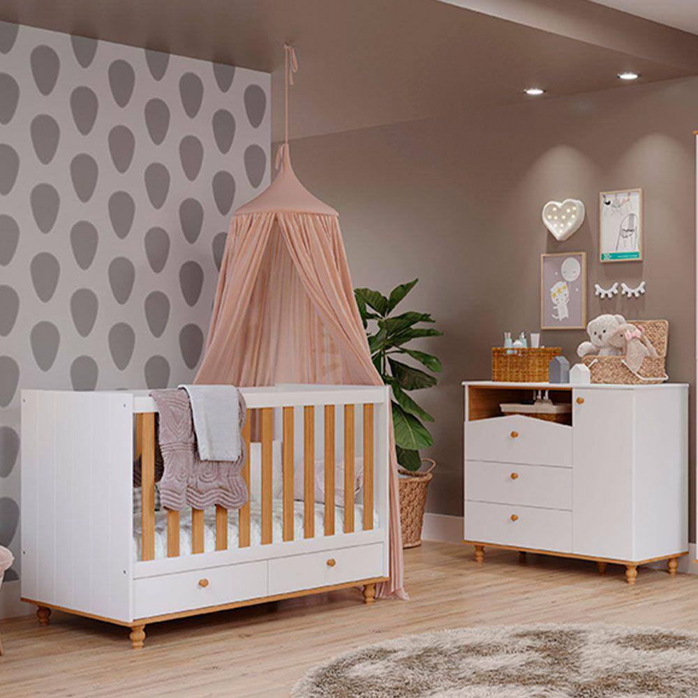 Quarto Infantil Berço sem Colchão + Comoda Branco/Nature - Permóbili Baby