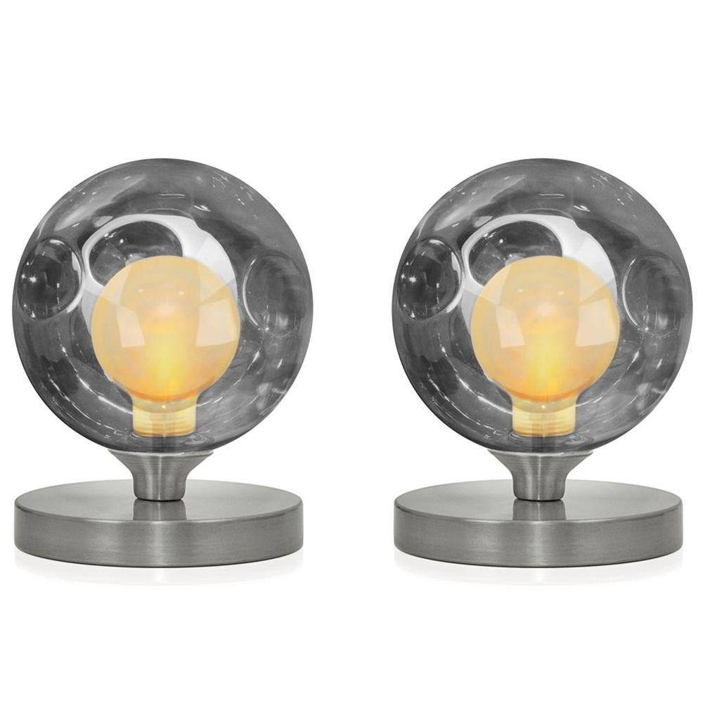 2 Luminárias de mesa Globo Harmony Fumê Base Redonda Escovad
