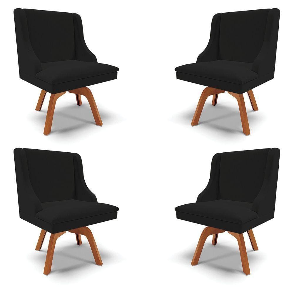 Kit 4 Cadeiras Decorativas Sala De Jantar Base Giratória De Madeira Firenze Linho Preto/natural G19