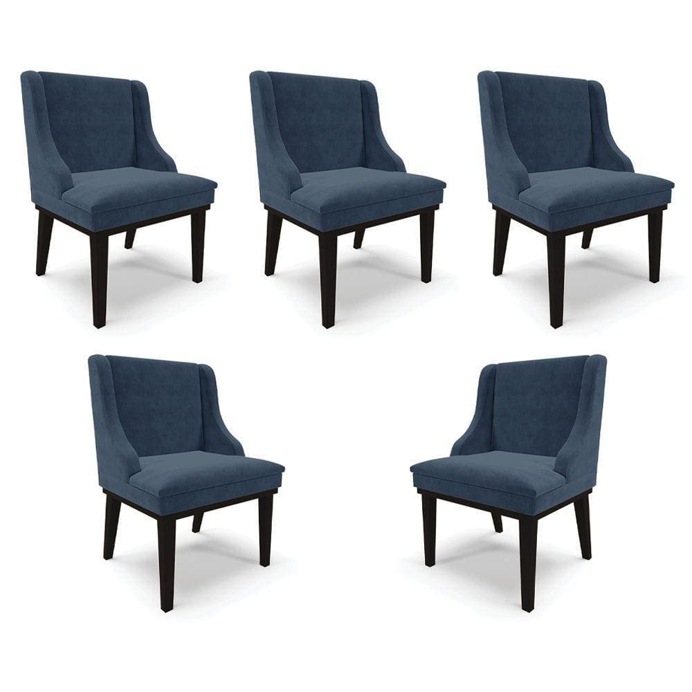 Kit 5 Cadeiras Decorativas Sala De Jantar Base Fixa De Madeira Firenze Suede Azul Marinho/preto G19