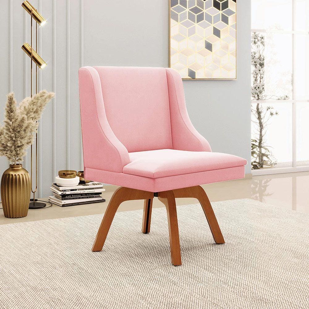 Cadeira Decorativa Sala De Jantar Base Giratória De Madeira Firenze Suede Rosa Bebê/natural