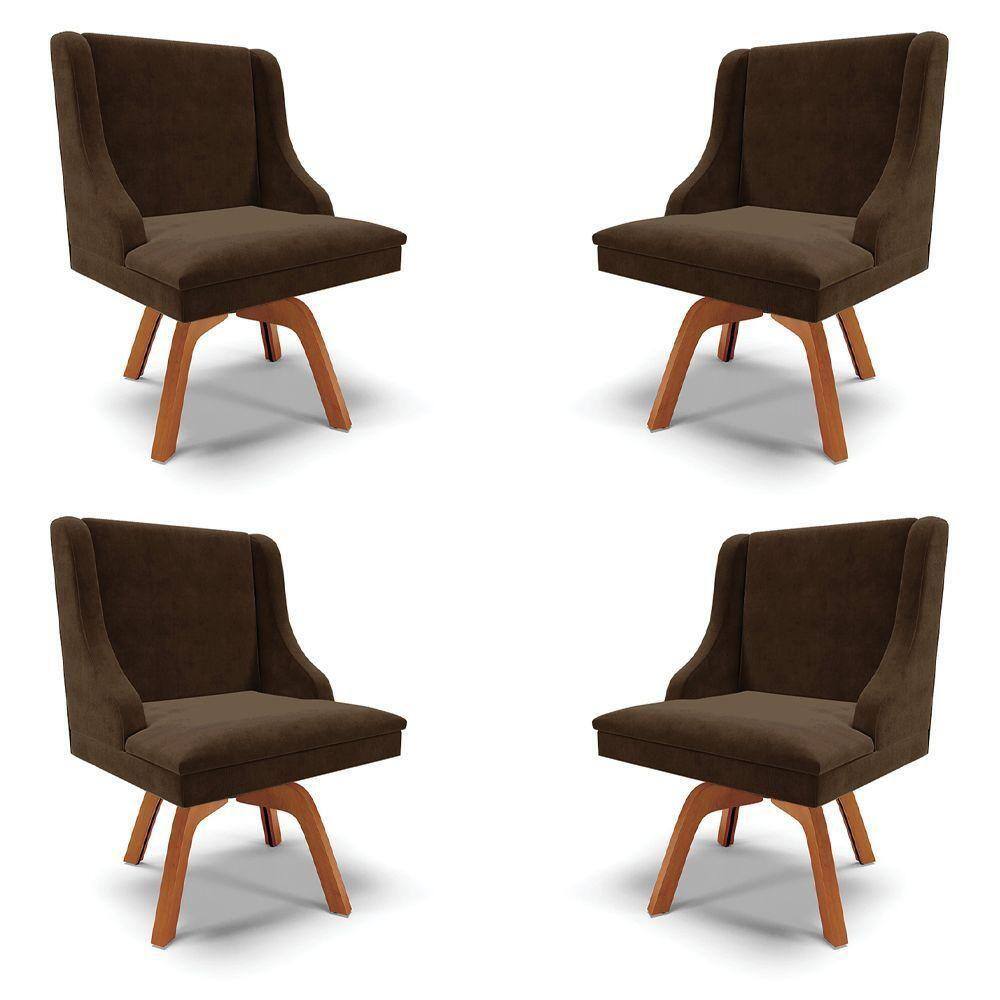 Kit 4 Cadeiras Decorativas Sala De Jantar Base Giratória De Madeira Firenze Suede Marrom/natural G19
