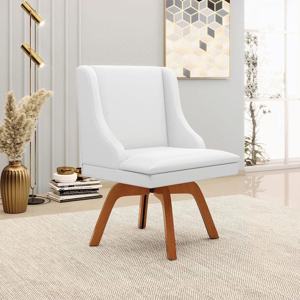 Cadeira Decorativa Sala De Jantar Base Giratória De Madeira Firenze Pu Branco Fosco/natural