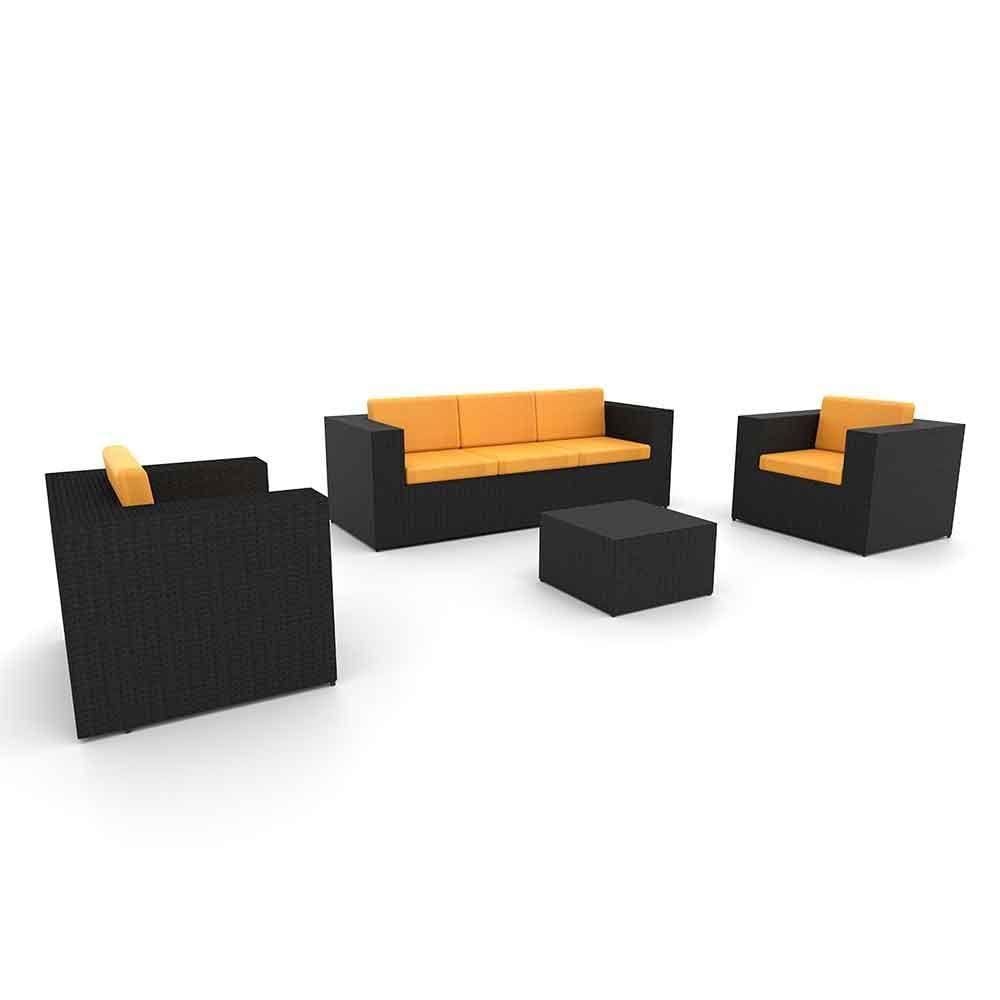 Conjunto De Sofá Fibra Sintética Preta Quadrado-1 Sofá 3L+2 Poltronas+1 Mesa Centro-Lisato Mostarda