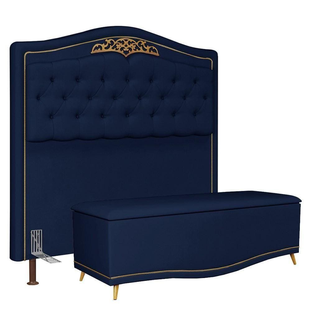 Cabeceira Cama Box Casal Queen 160Cm Com Calçadeira Baú Imperial Veludo J02 Azul
