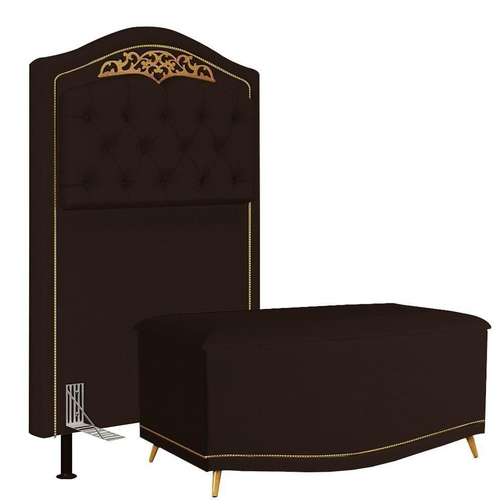 Cabeceira Cama Box Solteiro 90Cm Com Calçadeira Baú Imperial J02 Corano Marrom Escuro