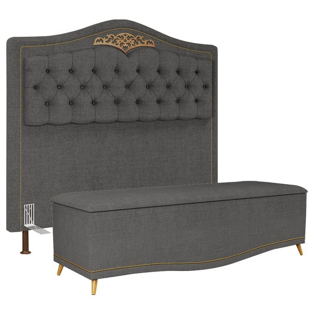 Cabeceira Cama Box Casal Queen 160Cm Com Calçadeira Baú Imperial J02 Linho Grafite