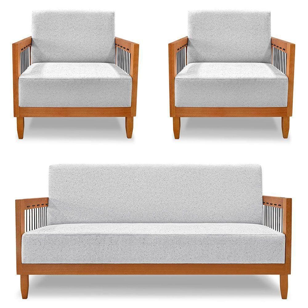 Kit 2 Poltronas E Sofá Living 2 Lugares Marilia 1,60m Linho Cinza Base Em Madeira Castanho - Pallazio