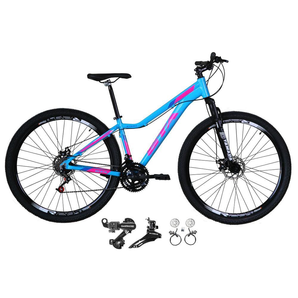 Bicicleta Feminina Aro 29 Gta Start Alumínio 21v Câmbios Shimano Tz Freio a Disco Hidráulico Garfo Suspensão - Azul/Rosa