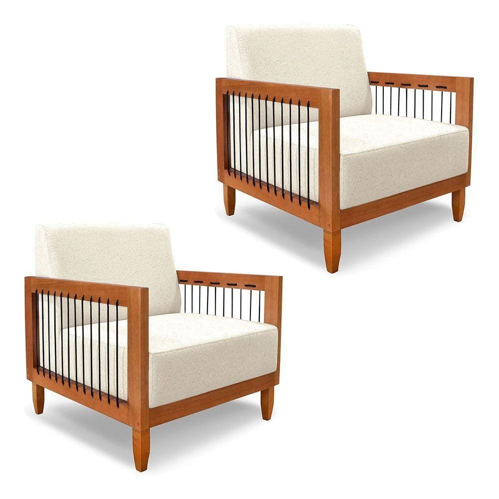 Kit 2 Poltronas Decorativa Marilia Linho Base Em Madeira Castanho - Pallazio Cor Natural