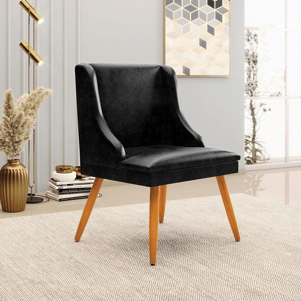 Cadeira Decorativa Sala De Jantar Pés Palito De Madeira Firenze Pu Preto Brilho/natural G19