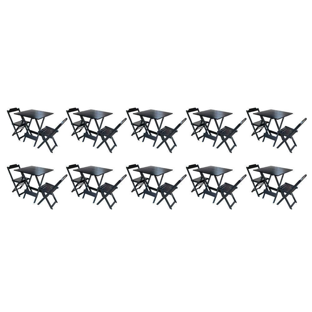 Kit 10 Jogos De Mesa Dobravel Com 2 Cadeiras De Madeira 70x70 Ideal Para Bar E Restaurante - Preto