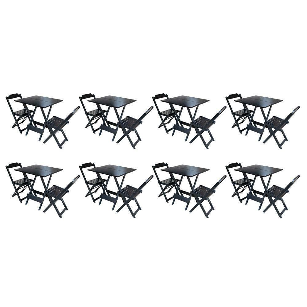 Kit 8 Jogos De Mesa Dobravel Com 2 Cadeiras De Madeira 70x70 - Preto