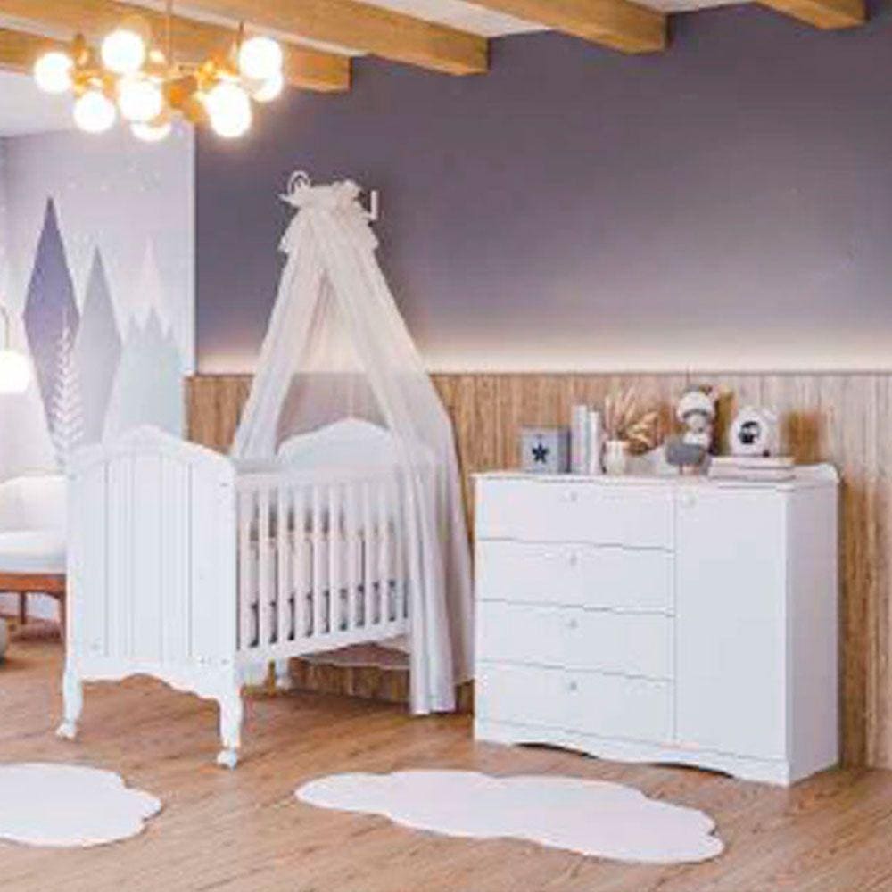Conjunto Quarto de Bebe com Berço e Comoda com Sapateira 100% MDF Harmonia Encanto Permóbili Baby Branco