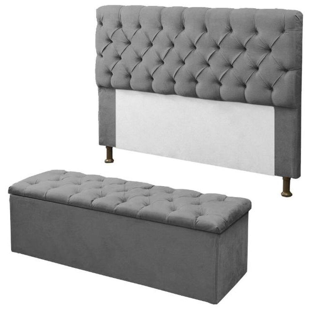 Kit Cabeceira + Baú Mirage Casal 140cm Suede Cinza