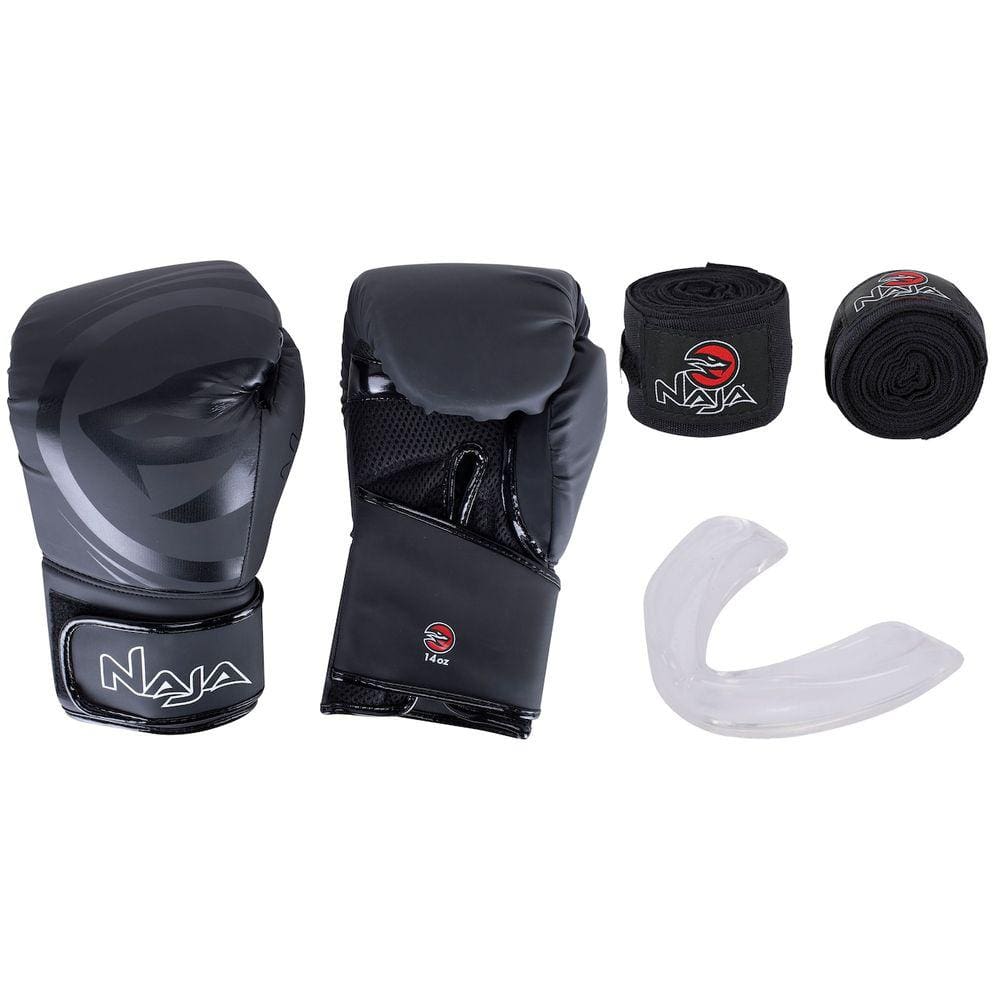 Kit de Boxe Naja: Bandagem + Protetor Bucal + Luvas de Boxe Black - 14 OZ - Adulto