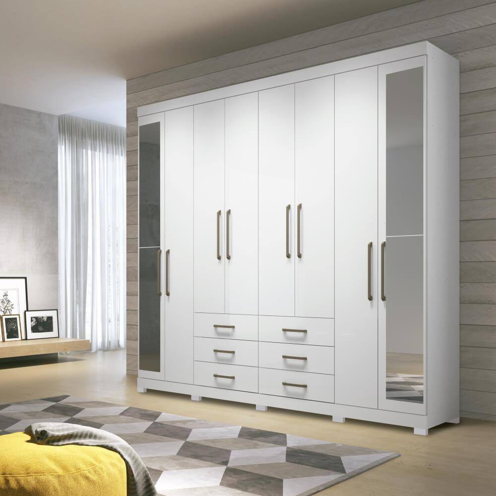 Guarda Roupa Master com 8 Portas/Pés e Espelho - Branco