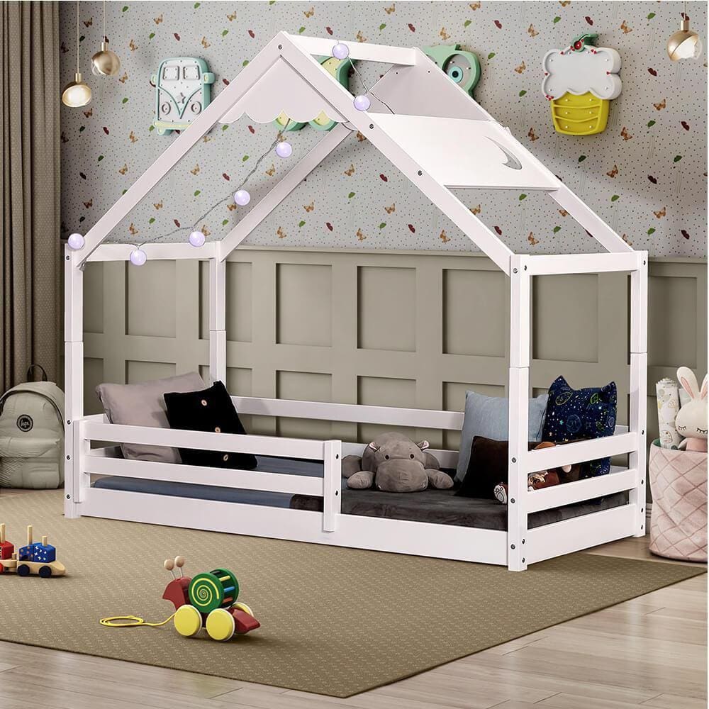 Cama Montessoriana Prime com Telhado Inclinado Lua Branco- Casatema