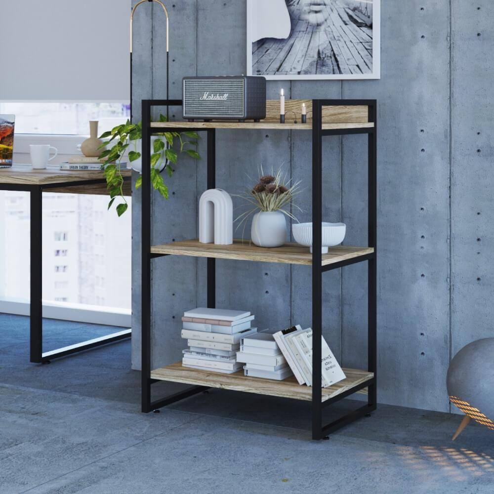 Estante Industrial Kuadra com 2 Nichos 60 cm - Carvalho/Preto