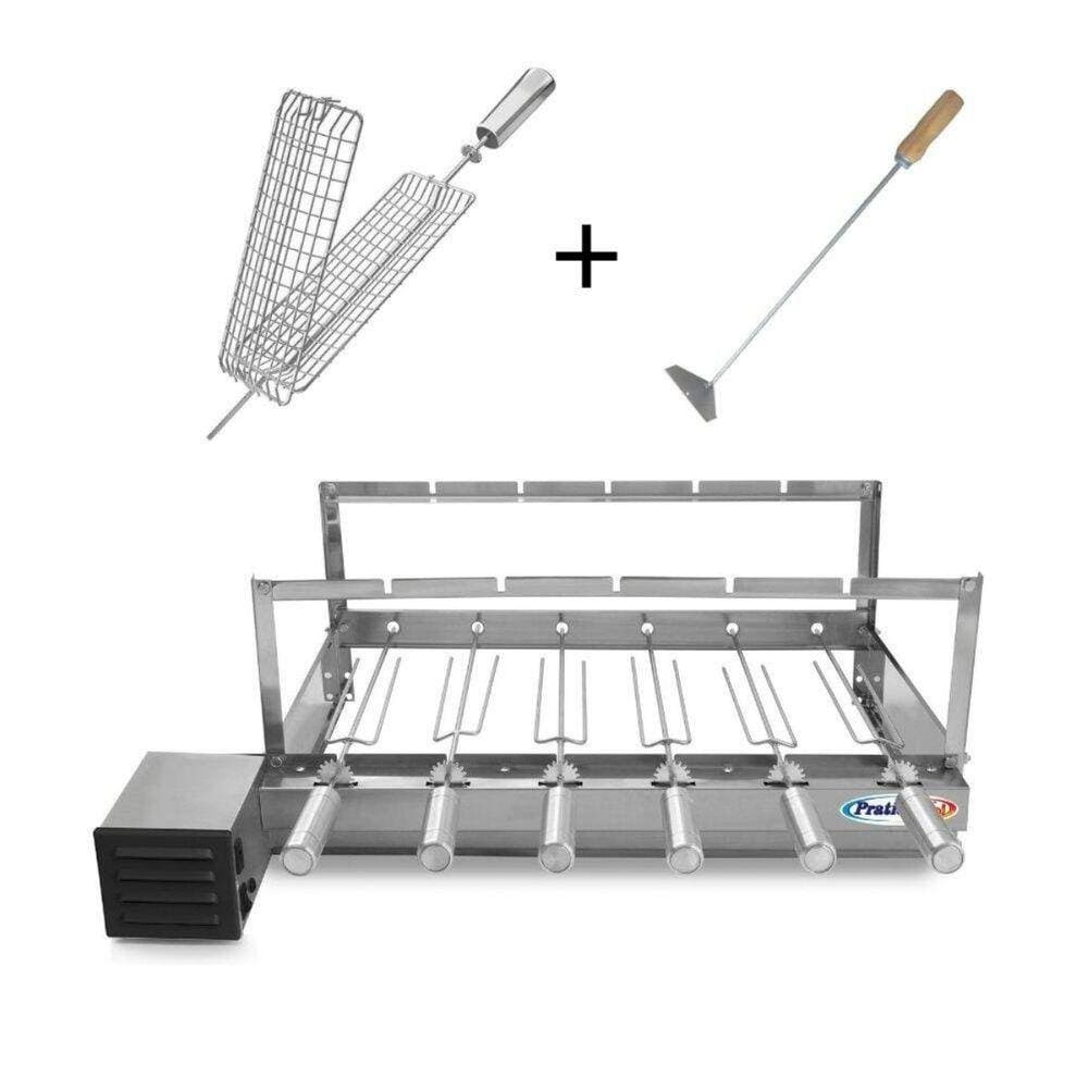 Gira Grill Inox com 6 Espetos Tridente + Espeto Grelha + Espalhador Pratic