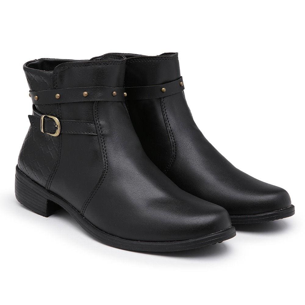 Bota Cano Curto Moda Chic Costura Aparente Tiras Com Fivela E Bolinhas Metálicas