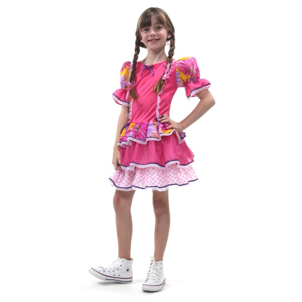 Vestido Junino Caipira Infantil Babados Rosa Festa Quadrilha
