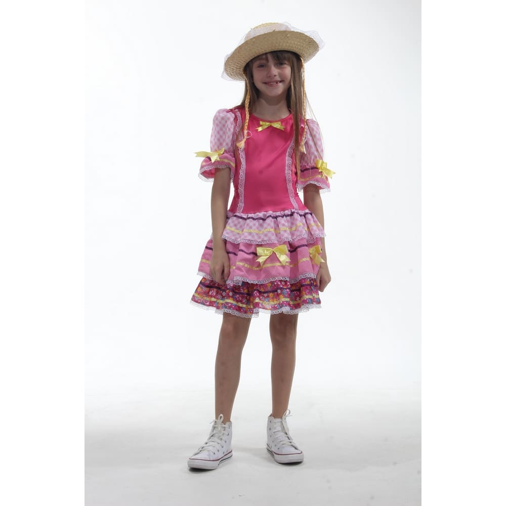 Vestido Caipira Infantil Rosa Luxo Junino Quadrilha + Chapéu