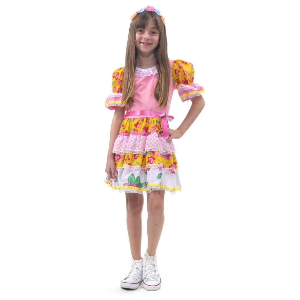 Vestido Caipira Infantil Rosa Chic Festa Junina Com Tiara