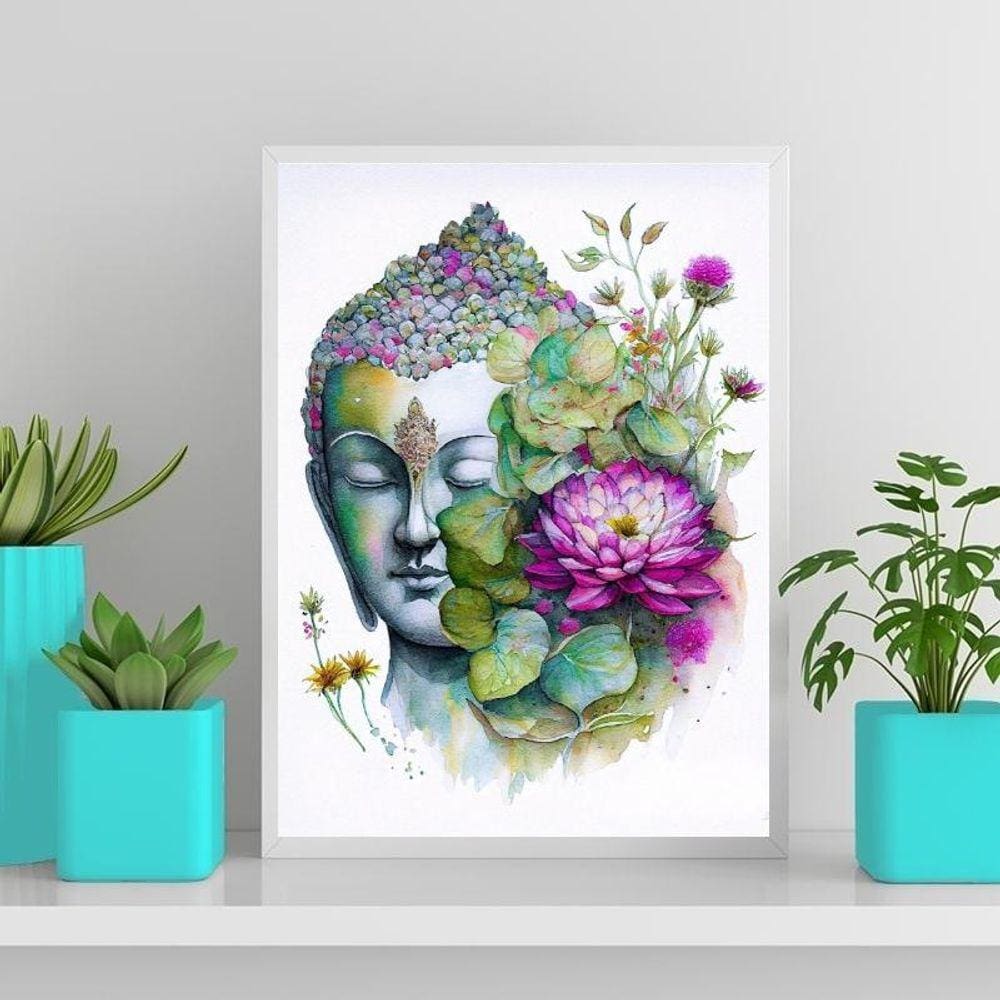 Quadro Aquarela Buda Com Flor De Lotus 24X18Cm