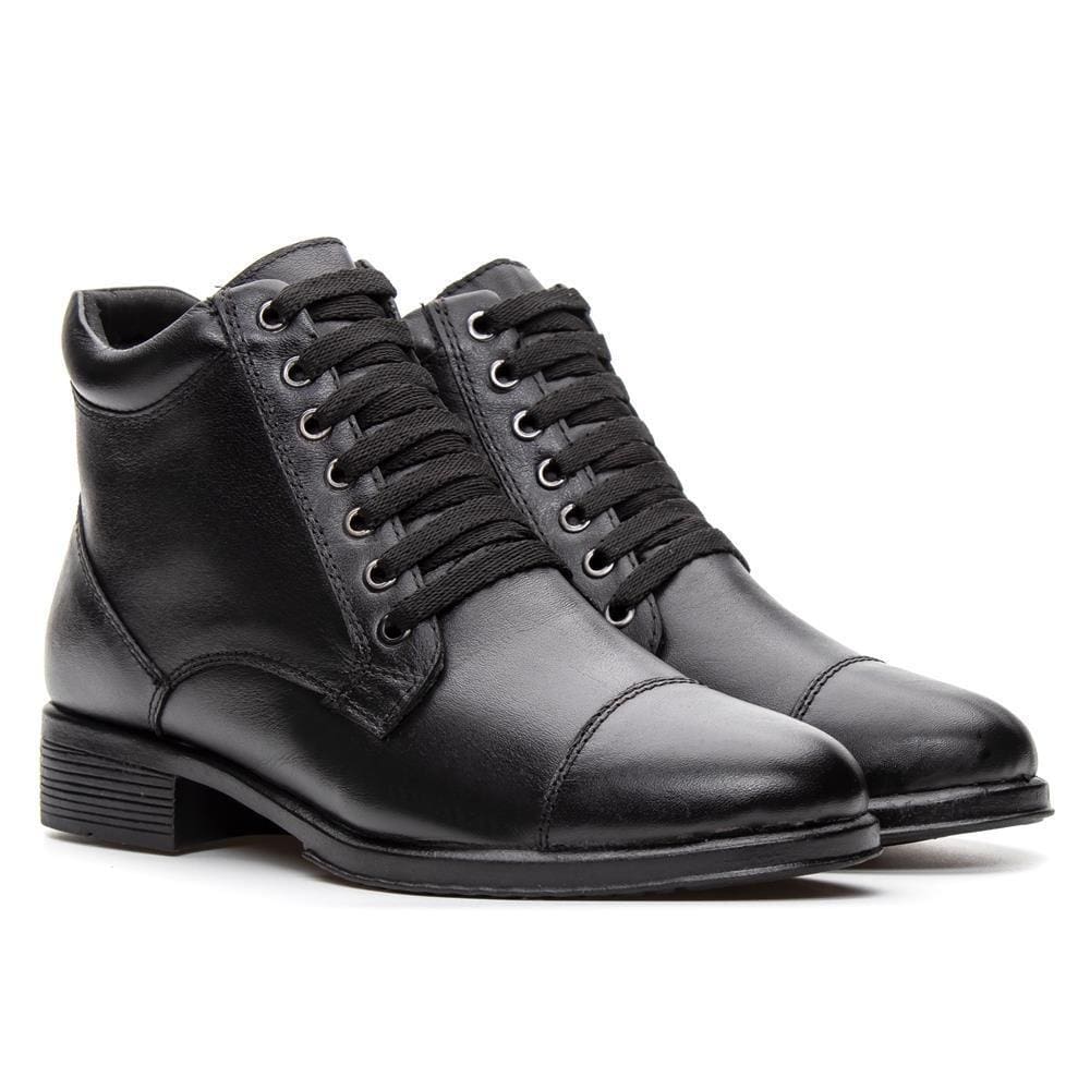 Bota Coturno Feminina Couro Cadarço Lisa Casual Moderna