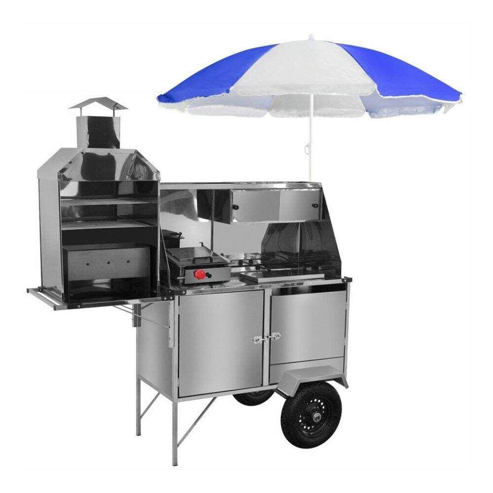 Carrinho Churrasco Cachorro Quente e Lanche Inox Guarda Sol