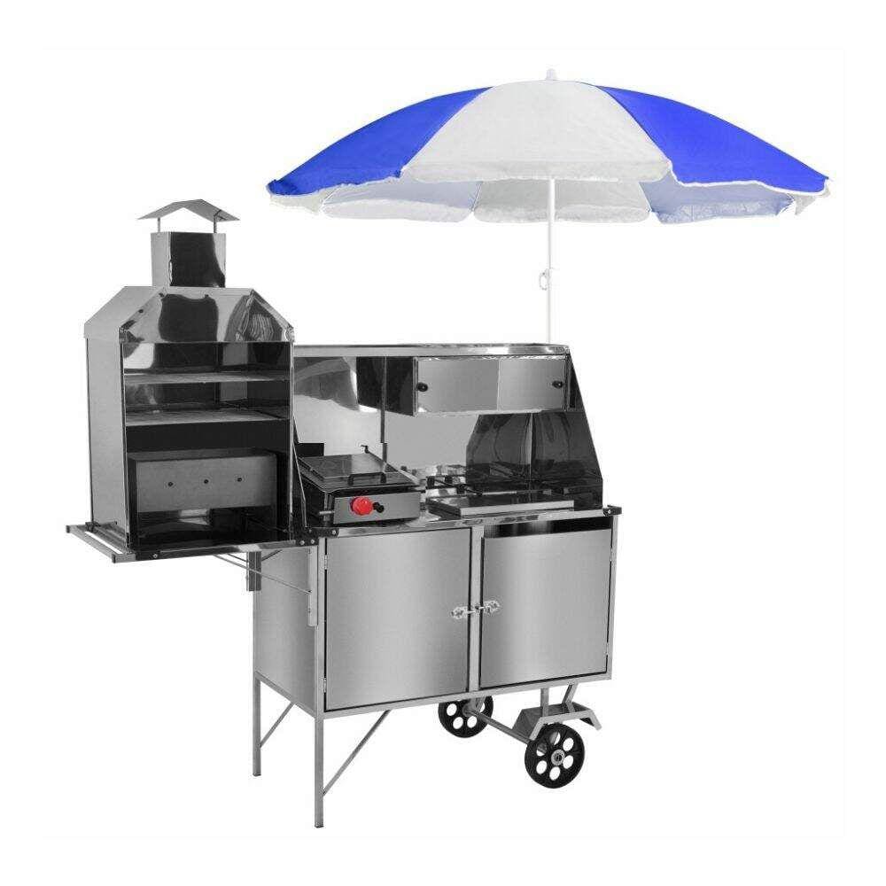 Carrinho Churrasco Cachorro Quente e Lanche Inox Guarda Sol