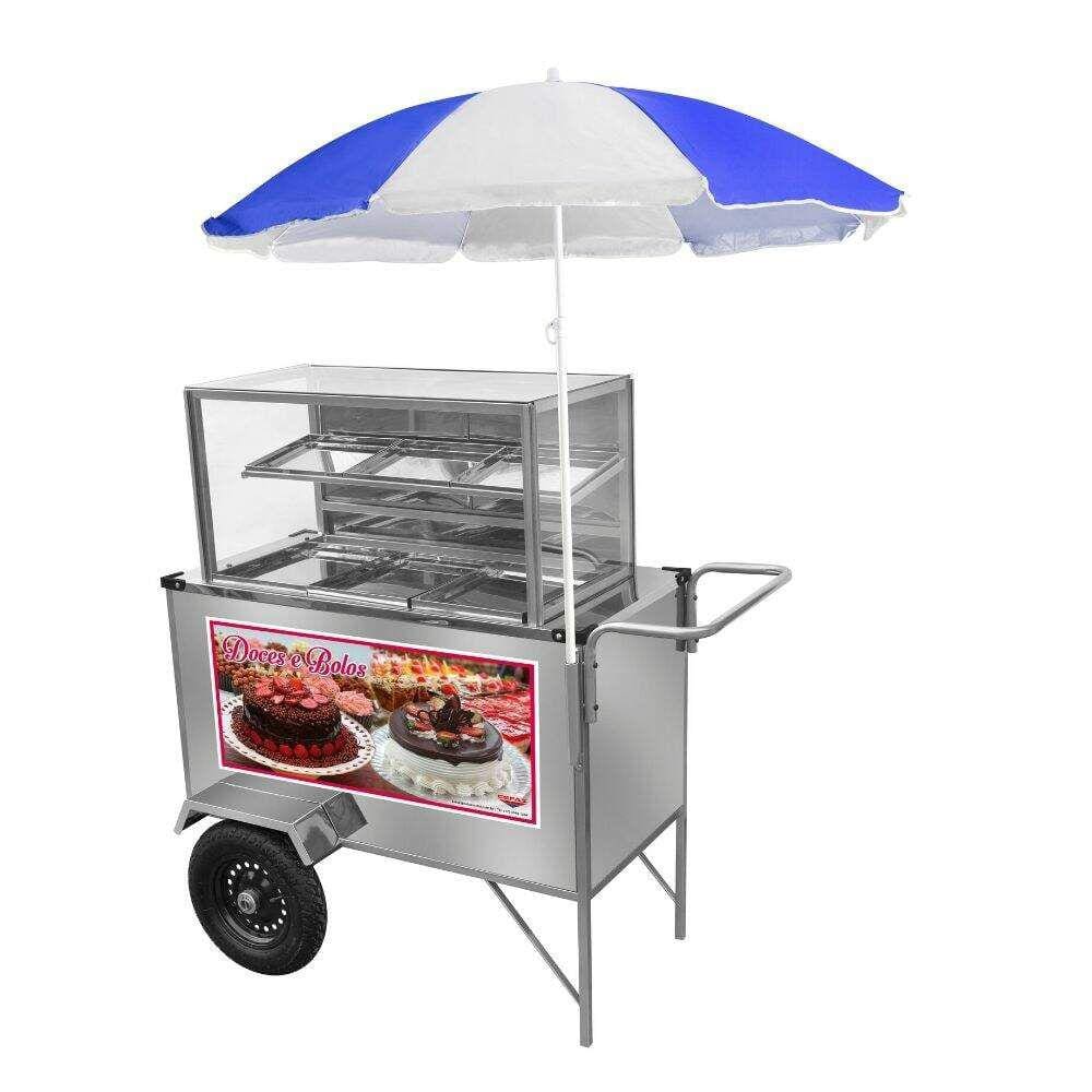 Carrinho de Doces e Bolos Inox Guarda Sol Rodas Pneumáticas