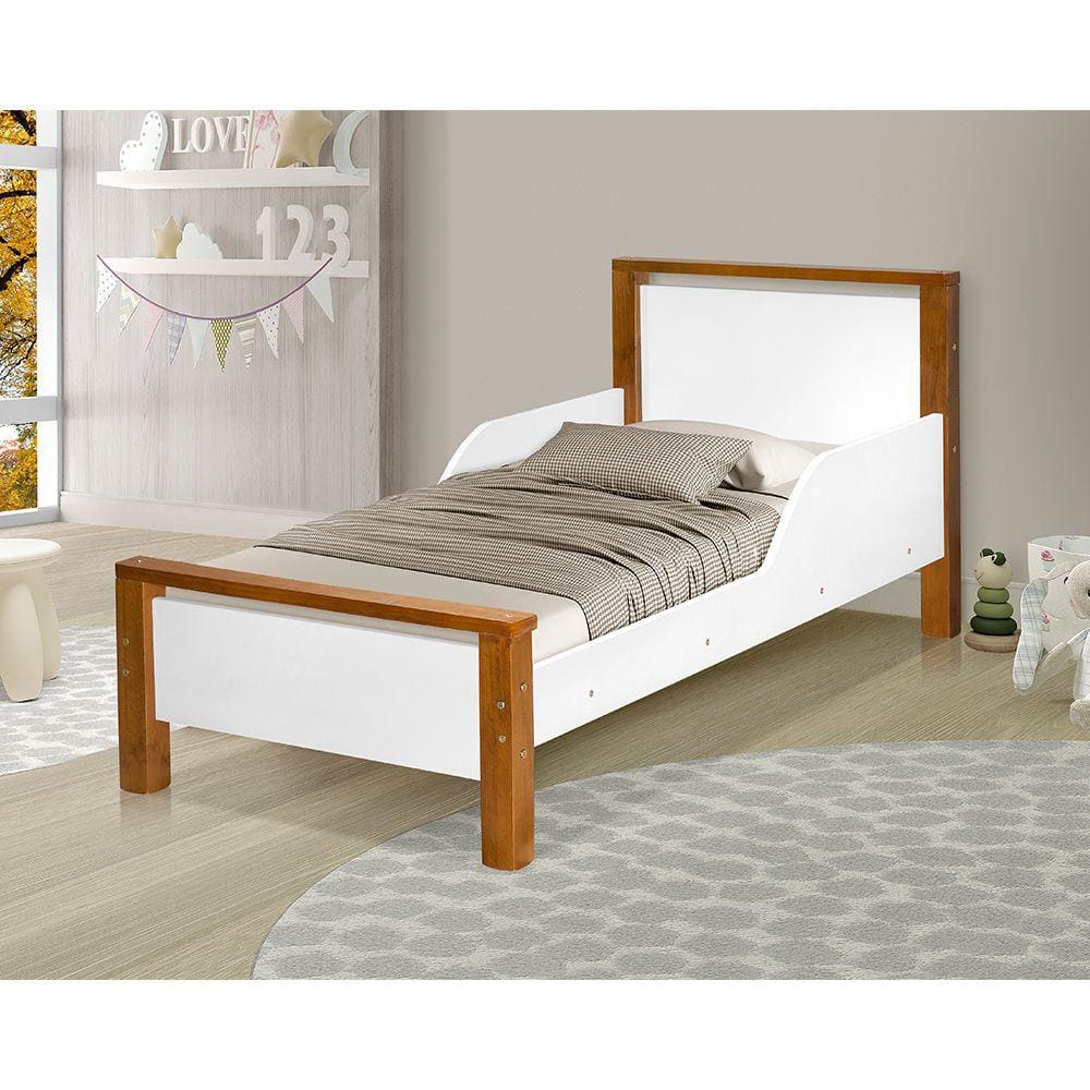 Mini Cama De Criança Infantil Montessoriana Branca E Castanho Com Colchão