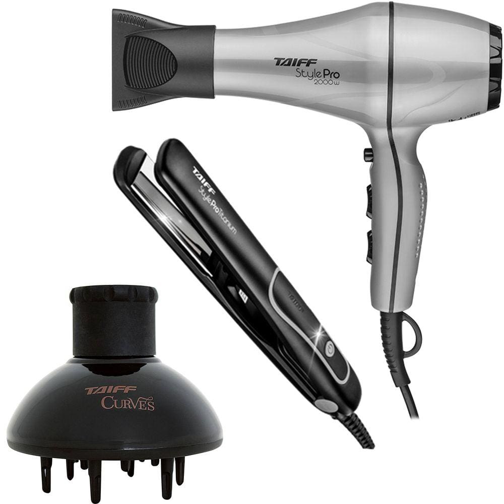 Kit Taiff Style Prata Pro - Secador 2000W 127V + Prancha Titanium 230ºc + Difusor De Ar Curves