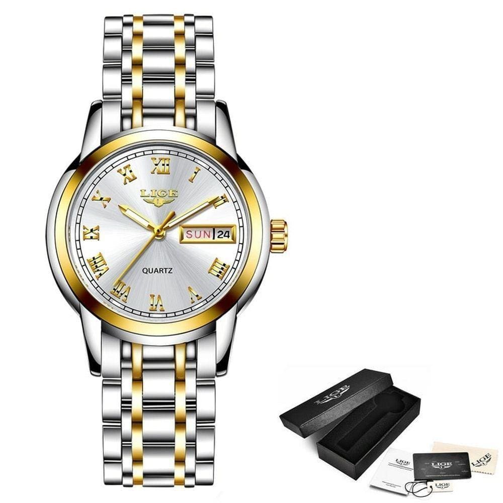 Relógio Feminino Lige 10007 à Prova D`água Ouro Branco