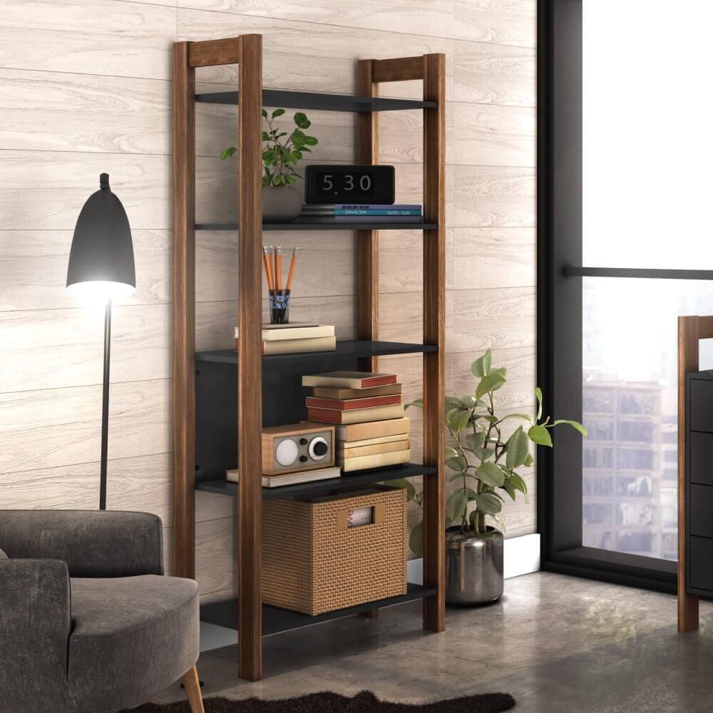 Armário Multiuso AZ1005 com 5 Prateleiras - Preto/Nogal