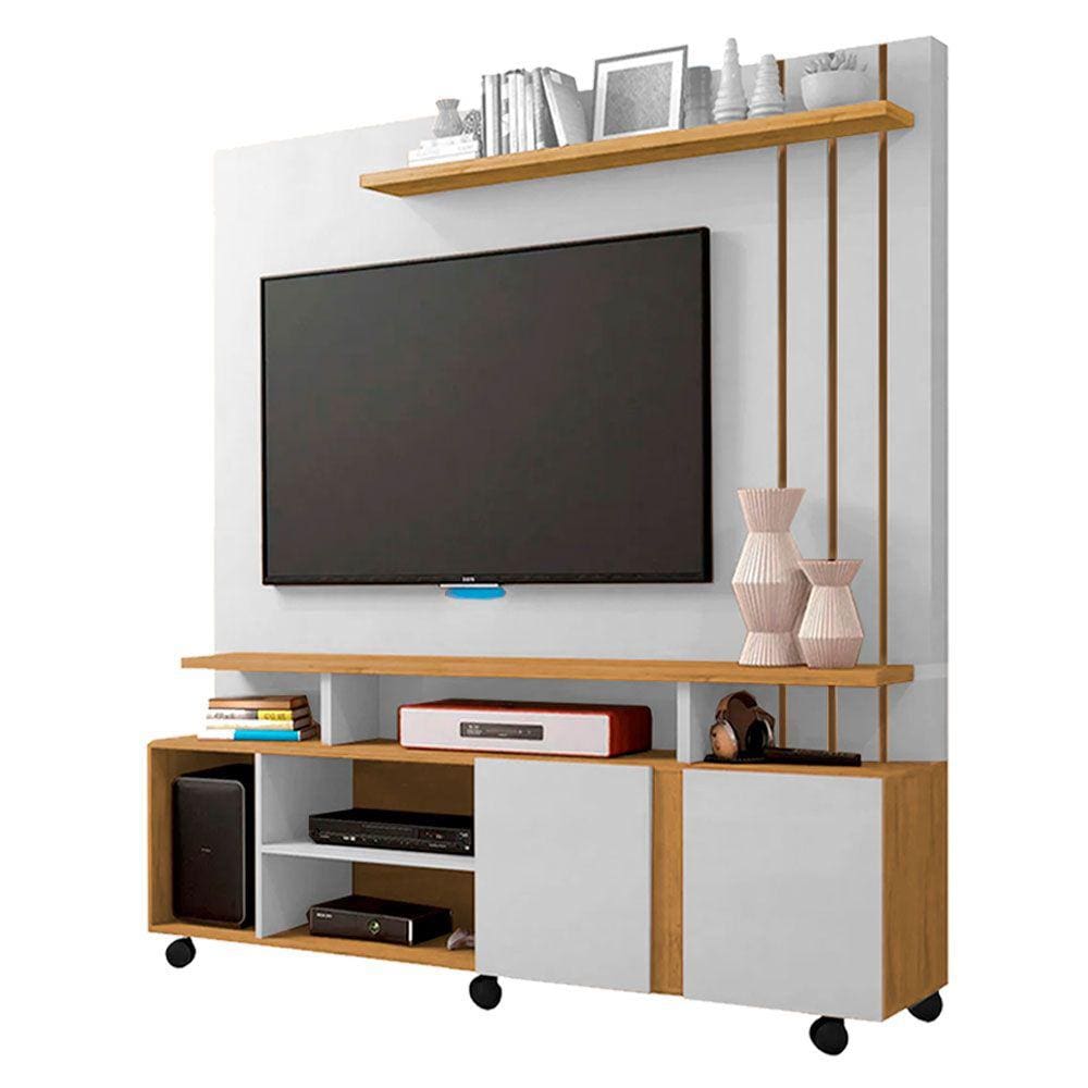 Estante Home Theater para TV 55 Polegadas 2 Portas Artibuladas Valência Permóbili Off White/Nature - 100% MDF