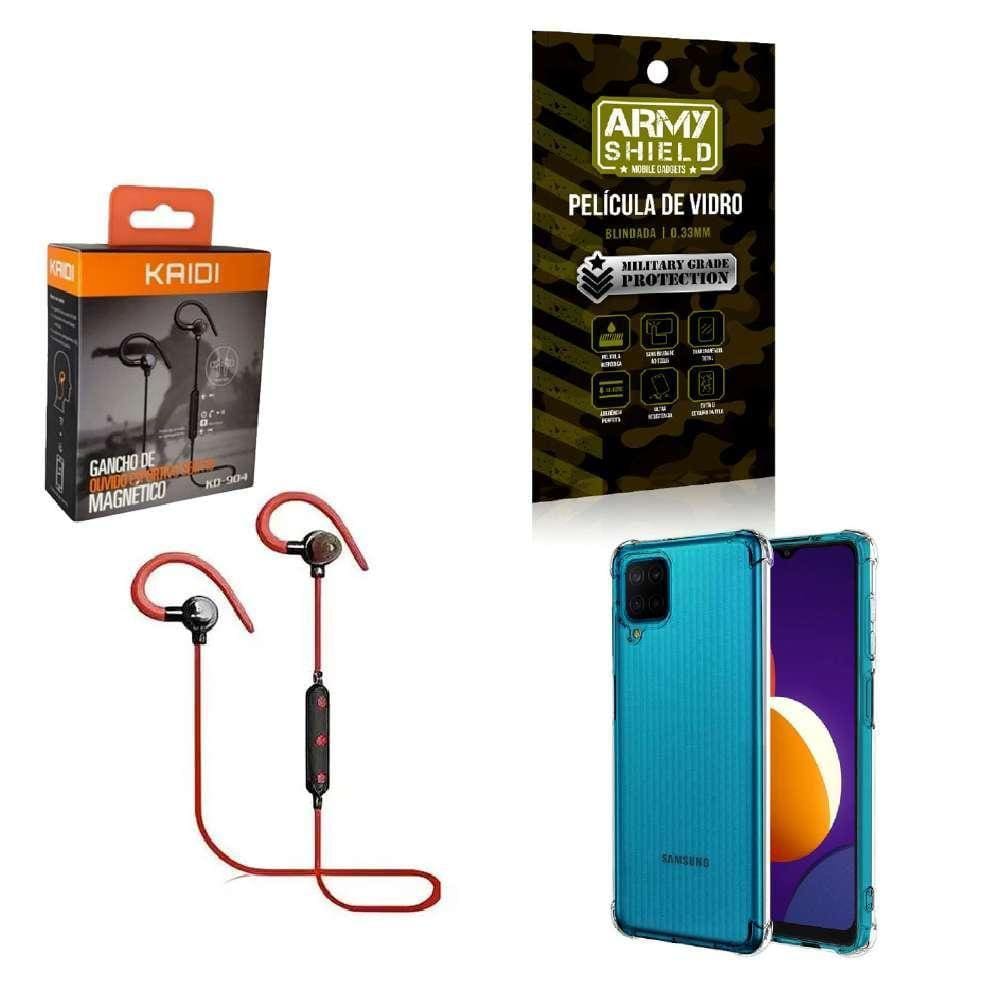 Kit Capinha Samsug M12 Fone Bluetooth E Película De Vidro 3D