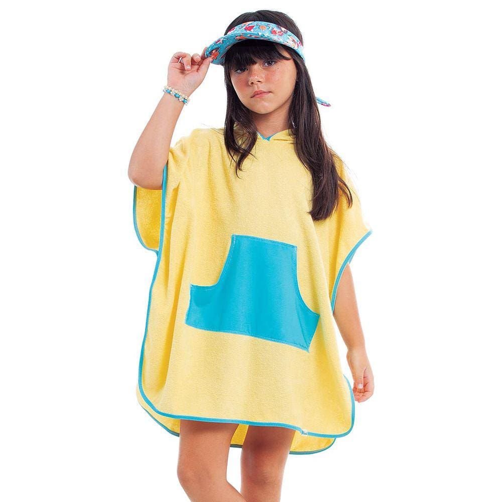 Roupão Poncho Infantil Atoalhado com Capuz Amarelo Cecí