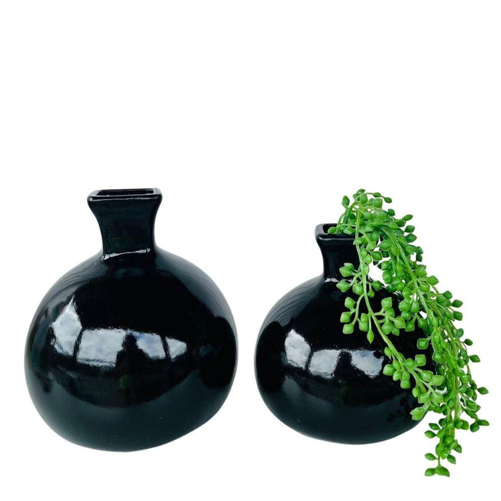 Dupla vaso bola redondo preto liso com planta moderna caída