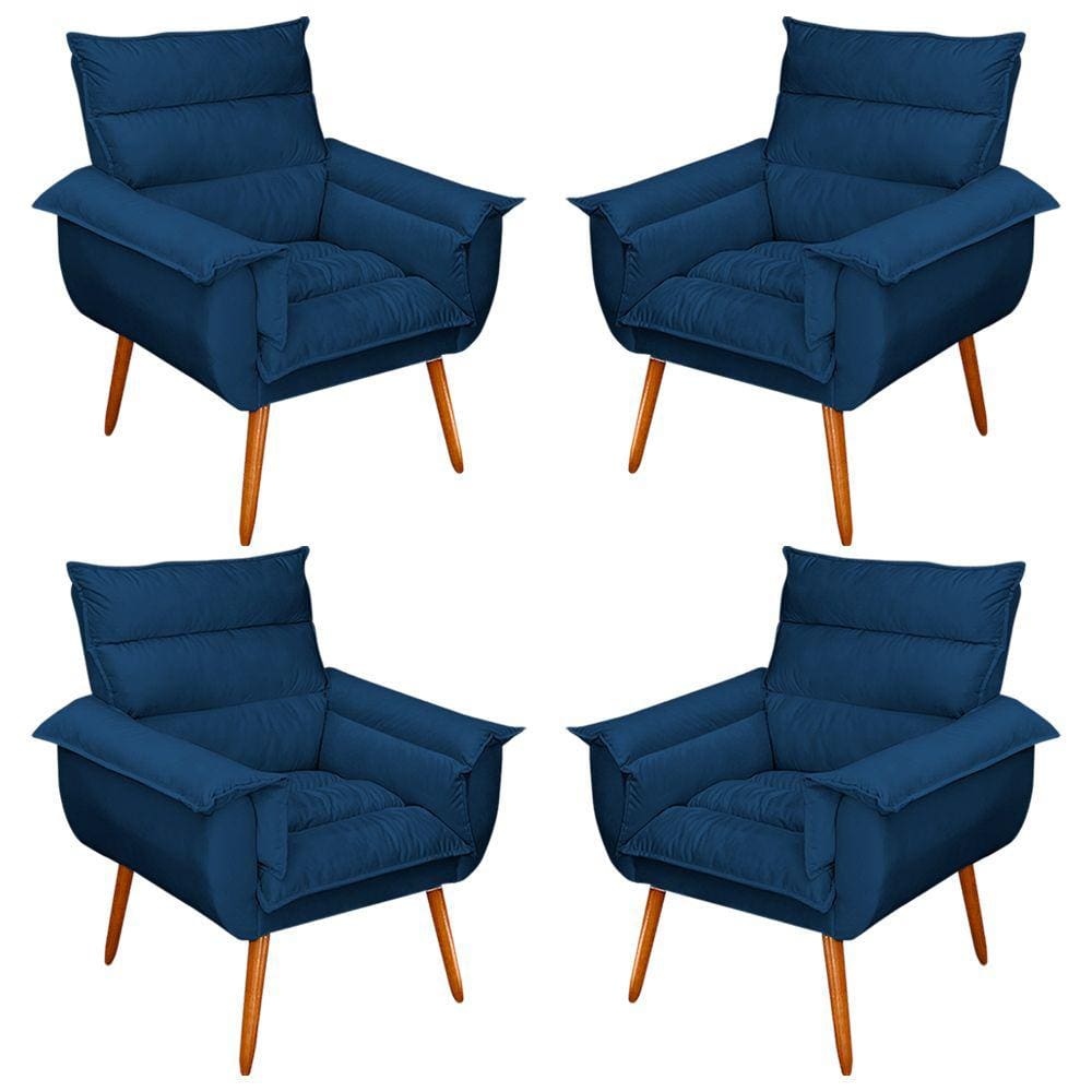 Kit 04 Poltronas Decorativas Modernas Sala e Recepção Monza Pés Palito Veludo Azul - Desk Design
