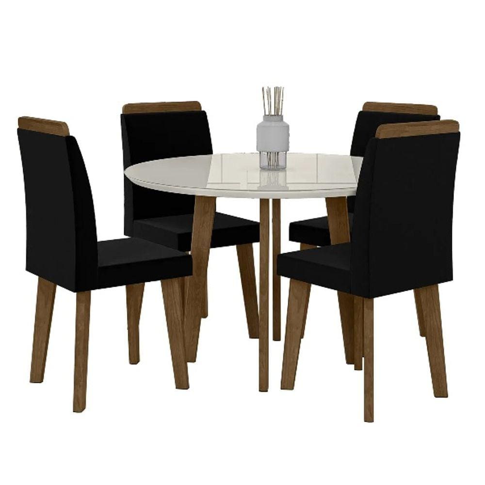Mesa De Jantar Turmalina Com 4 Cadeiras Diamante Pés Oblongo Off White Com Aveludado Preto – RV Moveis