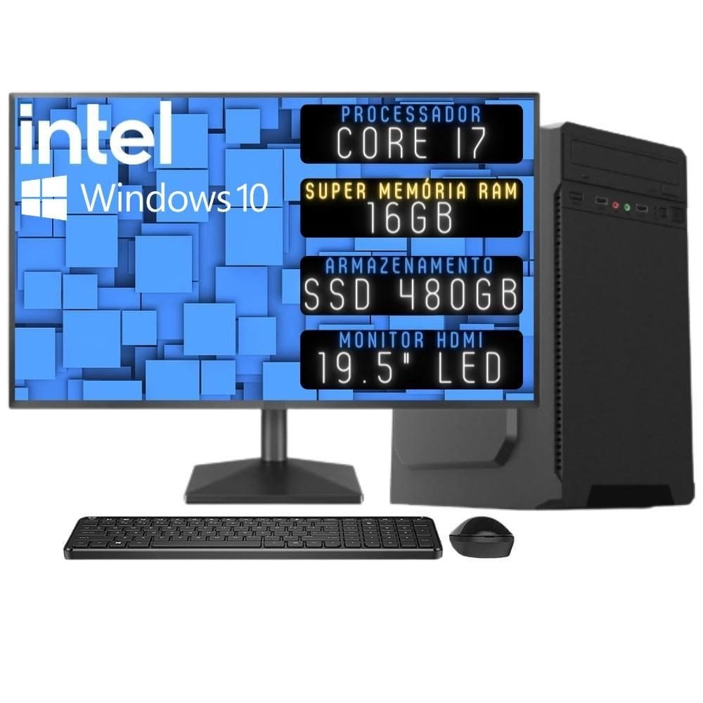 Computador Completo 3green Desktop Intel Core i7 16GB Monitor 19.5&quot; HDMI SSD 480GB Windows 10 3D-099