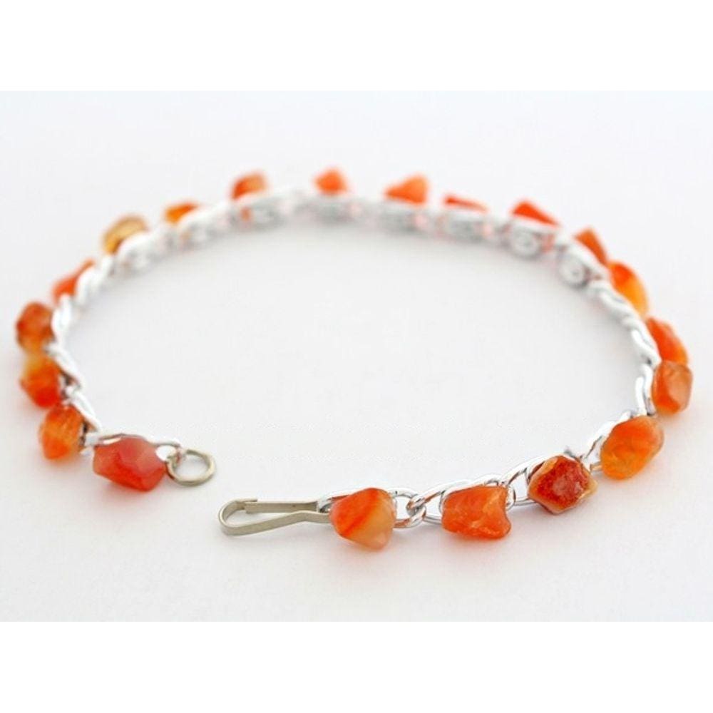Pulseira Corrente Agata Cornalina Natural Rolada Prateado