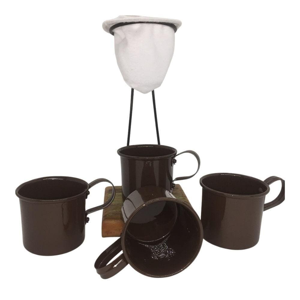Kit De Café Individual - 4 Canecas Marrom - Coador Demolição