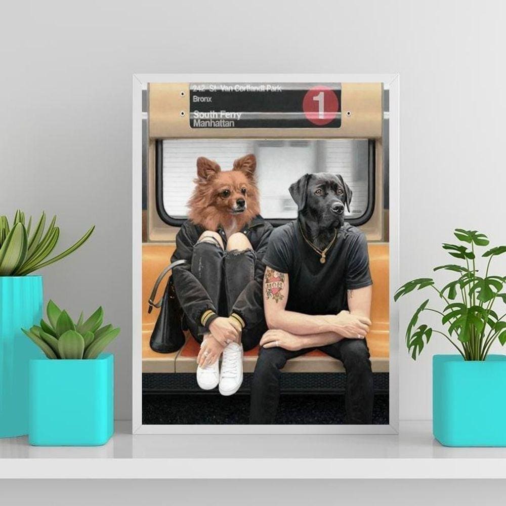 Quadro Montagem Cães Pessoas Metrô 45X34Cm Com Vidro Branca