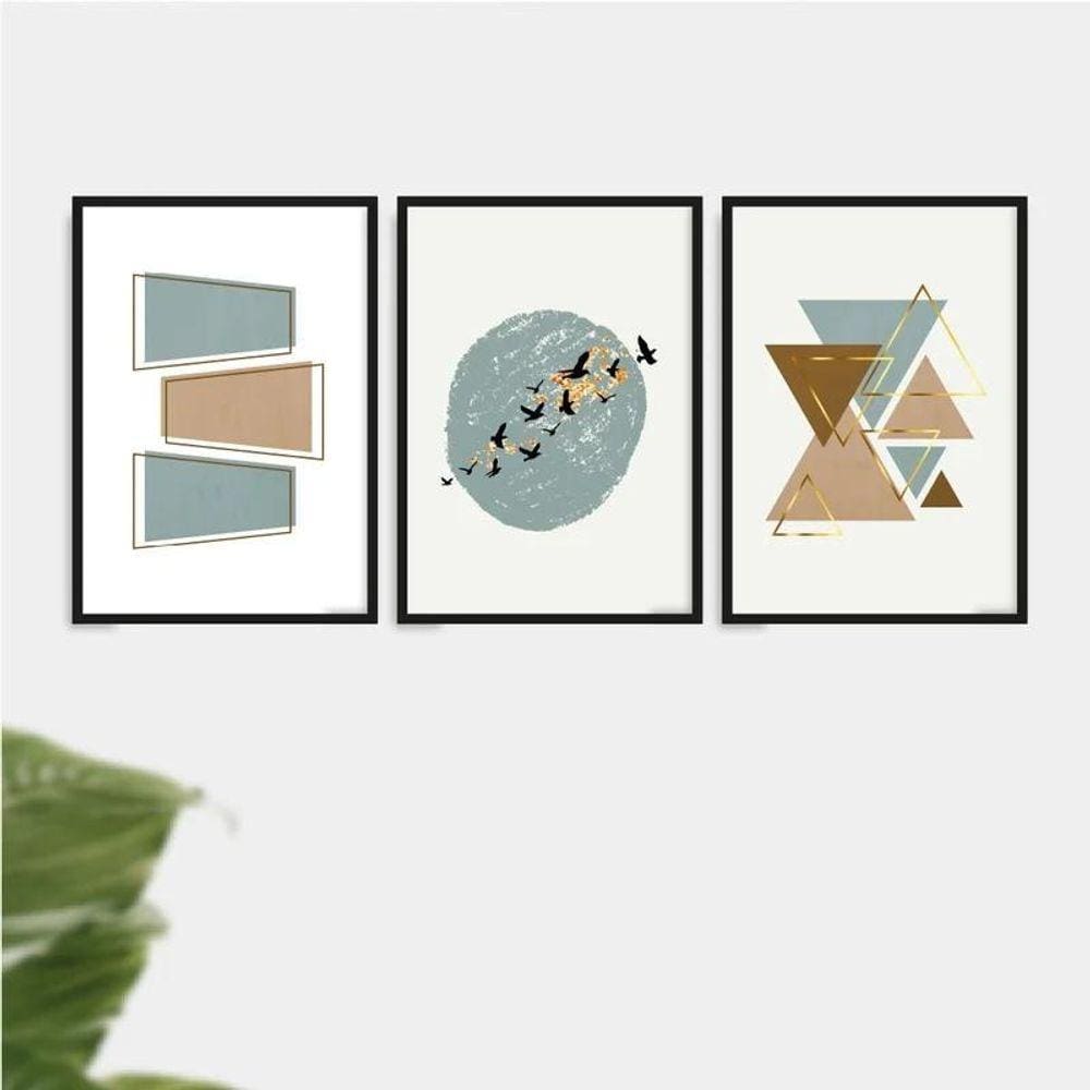 Kit 3 Quadros Abstratos Geométricos 45X34Cm Vidro Preta
