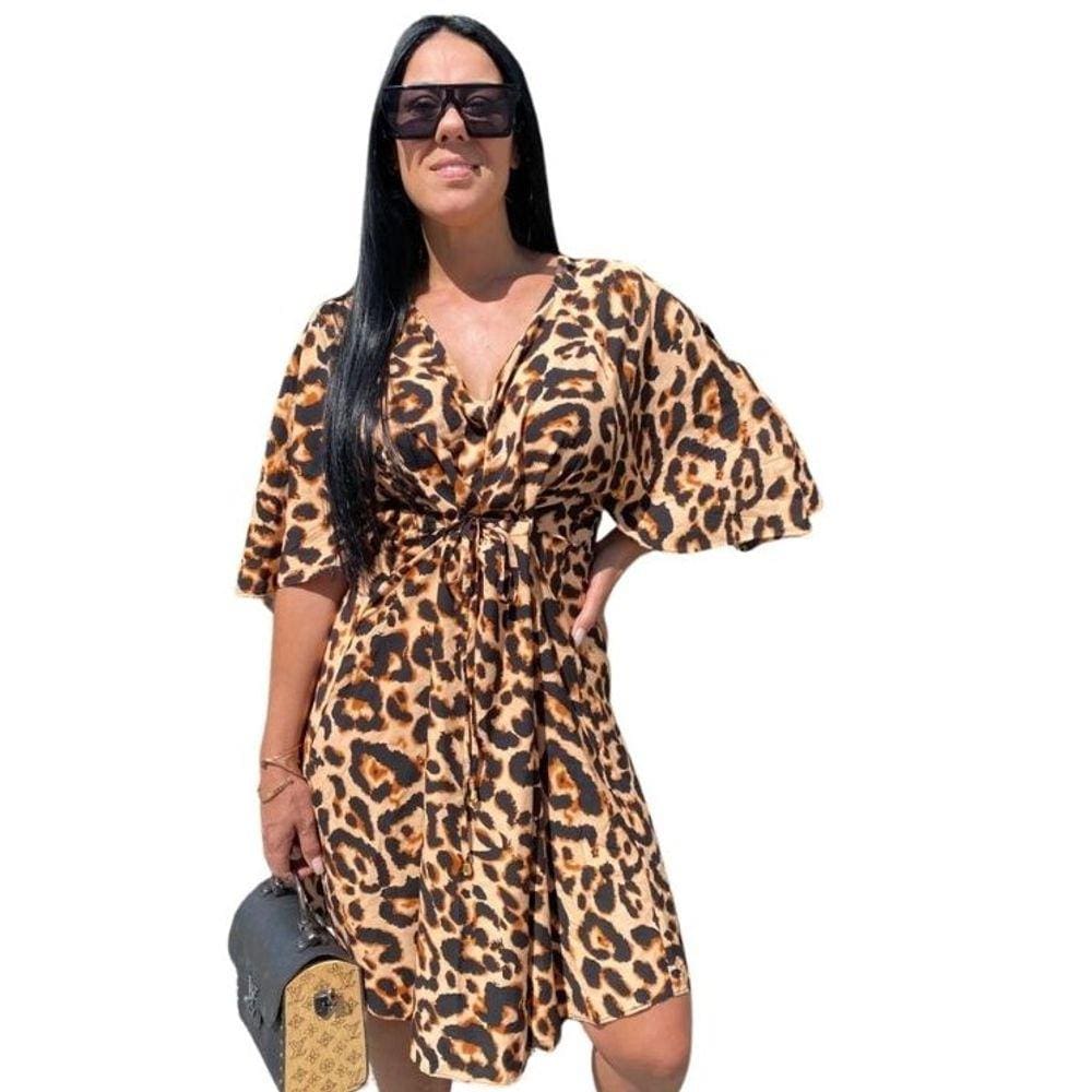Vestido Médio Manga Morcego Animal Print Onça